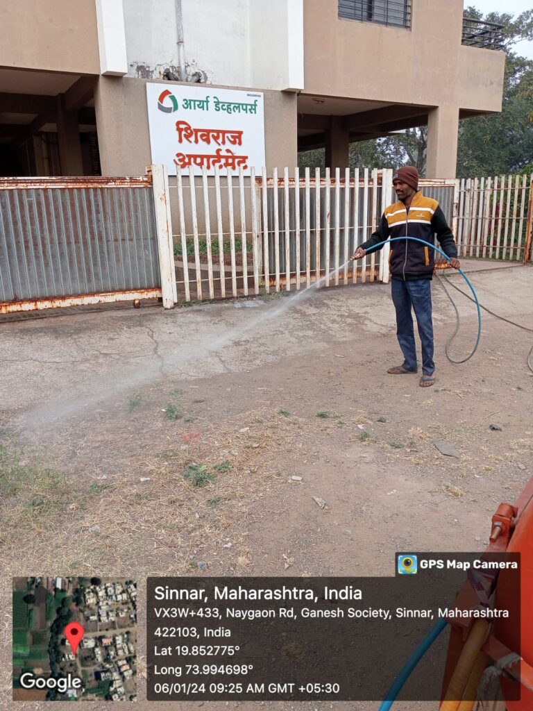 Outdoor pest control spray treatment around a building