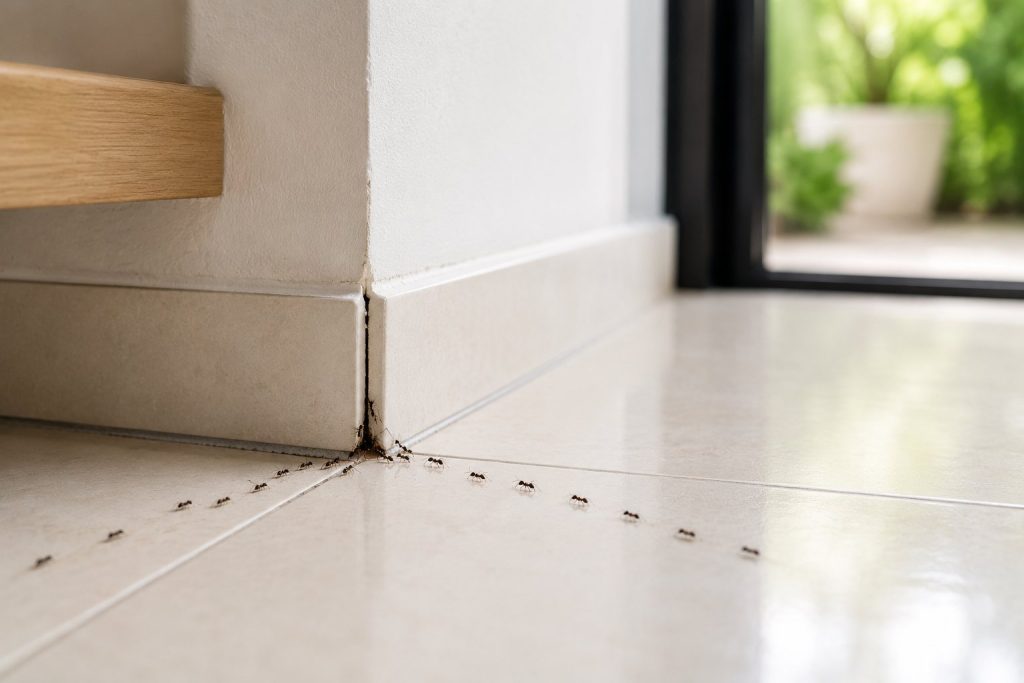 Ant entry point along a wall crack sealed during ant control in Kalyan
