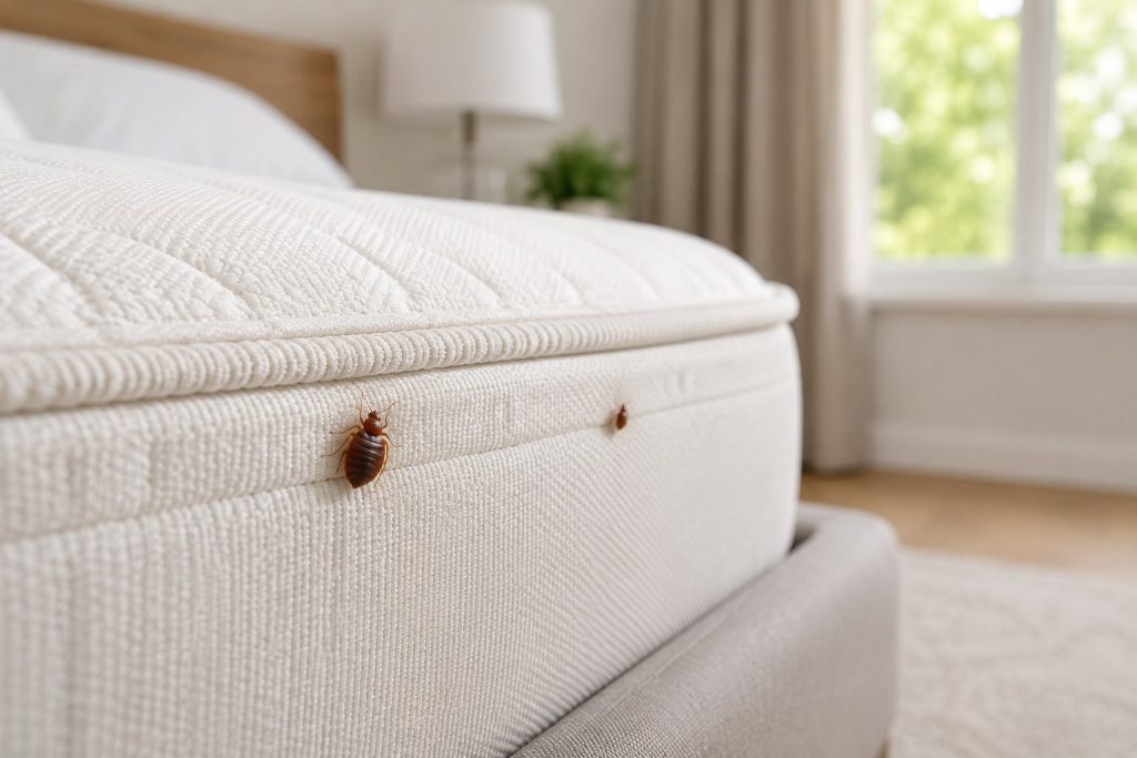 Bed bugs along a mattress seam during inspection in a Kalyan flat