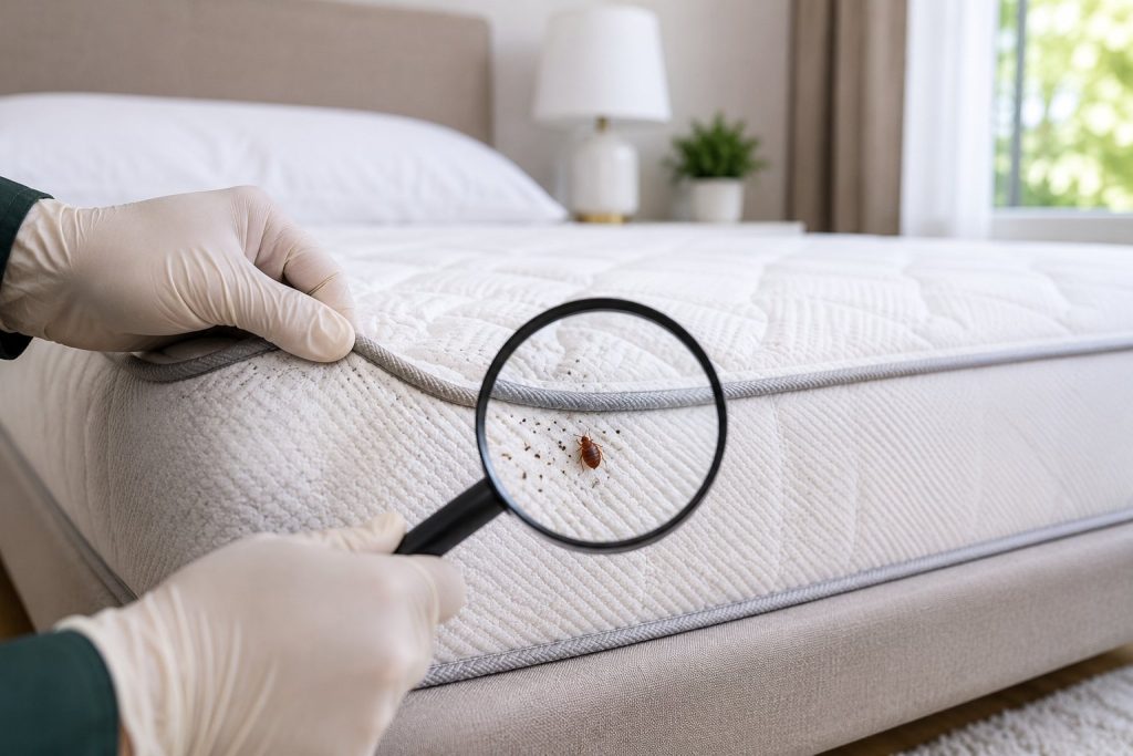 Bed bug inspection of a hotel guest room mattress in Thane