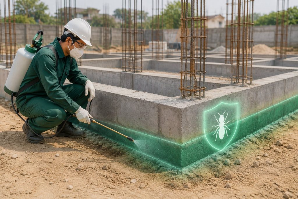 Pre-construction anti-termite soil treatment on a Kalyan site