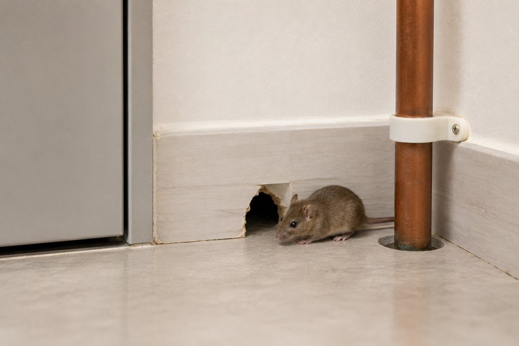 Rodent entry point along a wall gap sealed during proofing in Kalyan