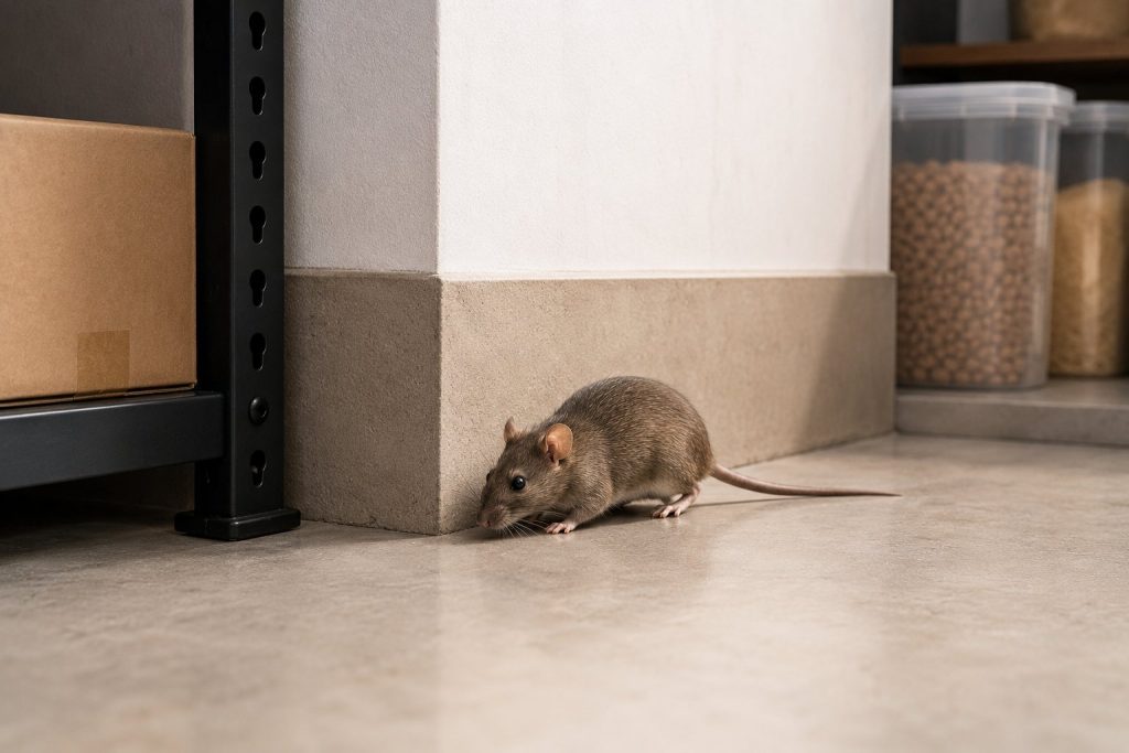 Rodent activity in a storage area among cartons in Kalyan